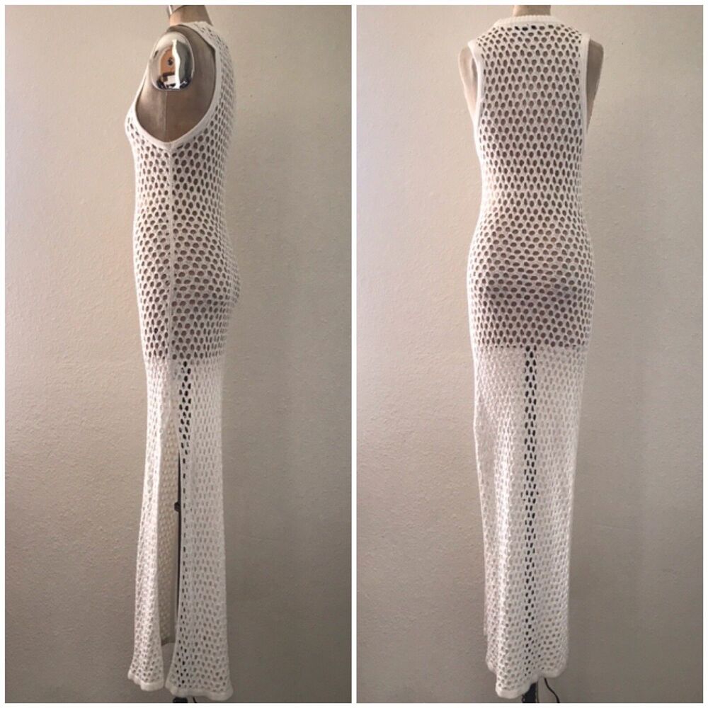 LNA Clothing Cream Open Knit Crochet Sleeveless Sheer Long Maxi Dress XS - Picture 3 of 7